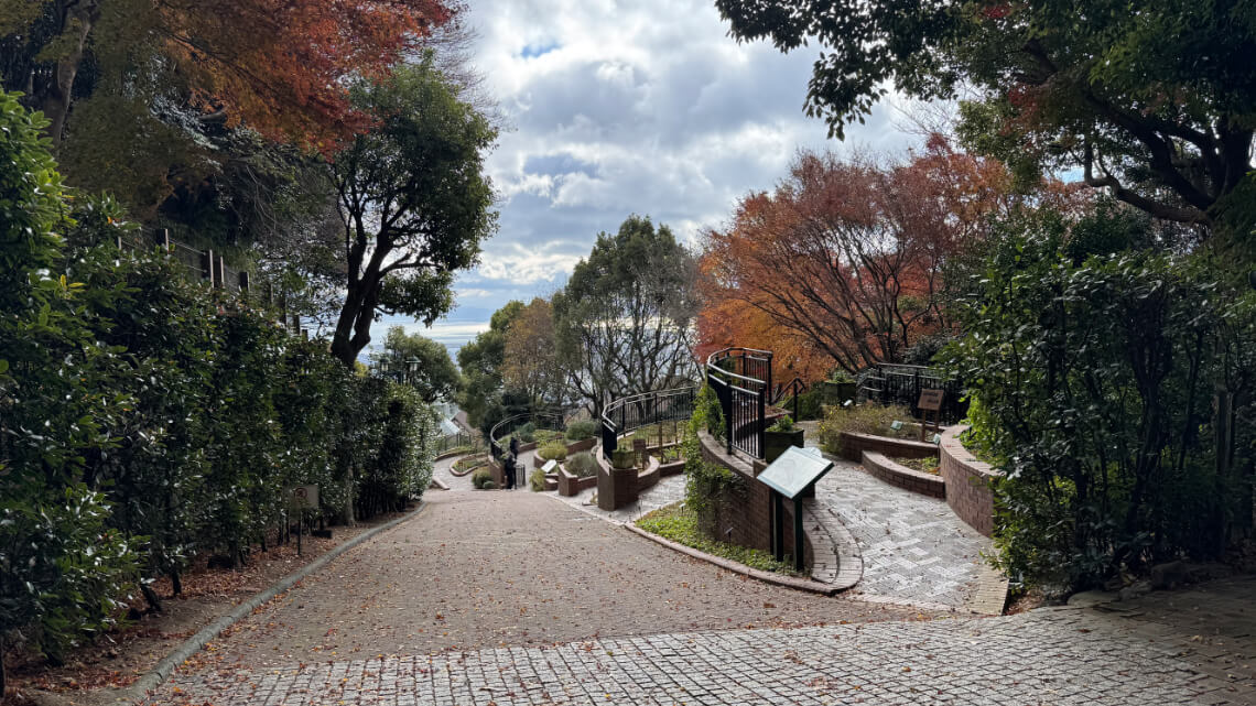 A tree-lined slope leading to the gardens at Kobe Nunobiki Herb Gardens, with some steep areas and pathways winding through autumn foliage.
