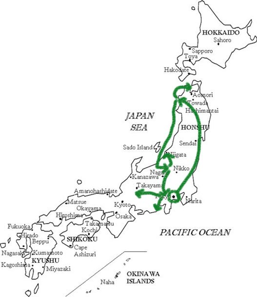 Map of Japan with Fiona's route