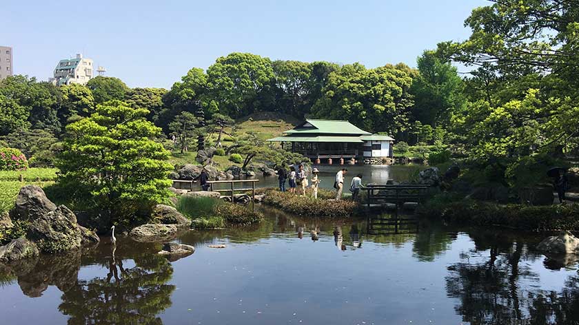 Bridge connecting islands in the pond at Kiyosumi Garden