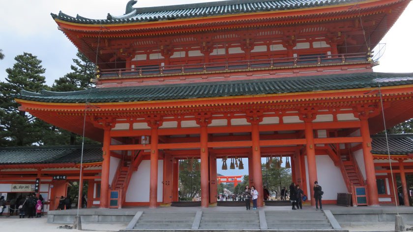 Heian Shrine main gate looking out at torii gate