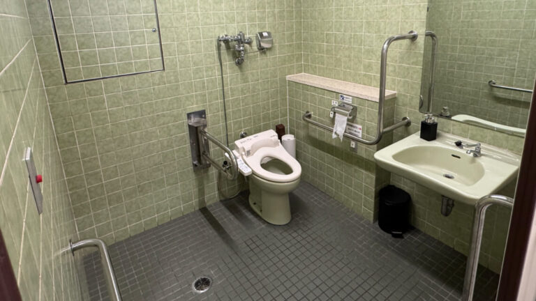 Accessible toilet at the middle ropeway station, with grab bars, a bidet toilet without a backrest, and a wheelchair access sink. Accessible toilet at the middle ropeway station, with grab bars, a bidet toilet without a backrest, and a wheelchair access sink.