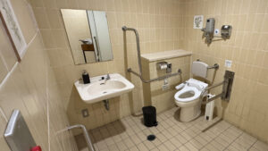 Accessible toilet at the aroma center, featuring grab bars, a wheelchair-access sink, a bidet toilet with a backrest, and ample space.