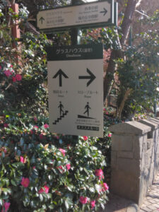 Directional sign pointing to the Glasshouse with options for steps or an accessible slope route.