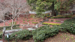 Tiered garden at Kobe Nunobiki Herb Gardens with multiple sets of brick steps.