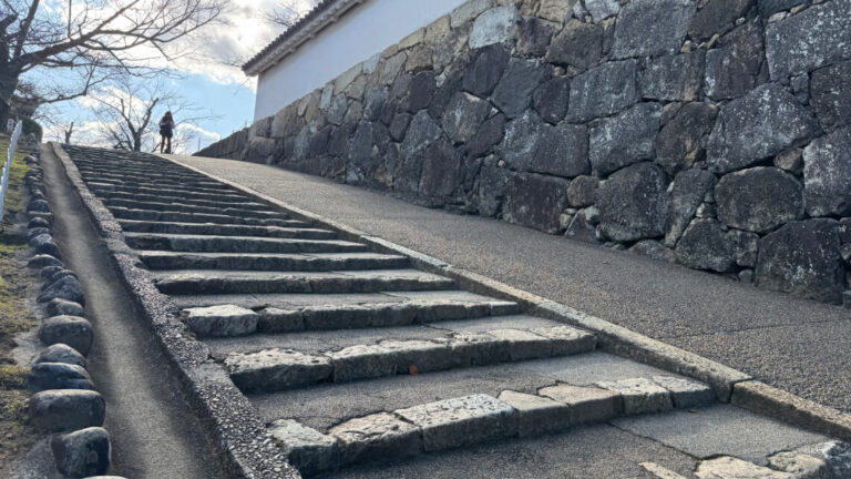 A steep pathway with uneven stone steps leading up to Nishi no Maru, bordered by stone walls and a smoother slope on the side.