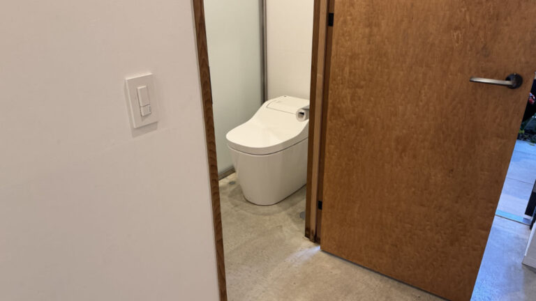 Modern white toilet inside a compact bathroom, partially visible through an open wooden door.